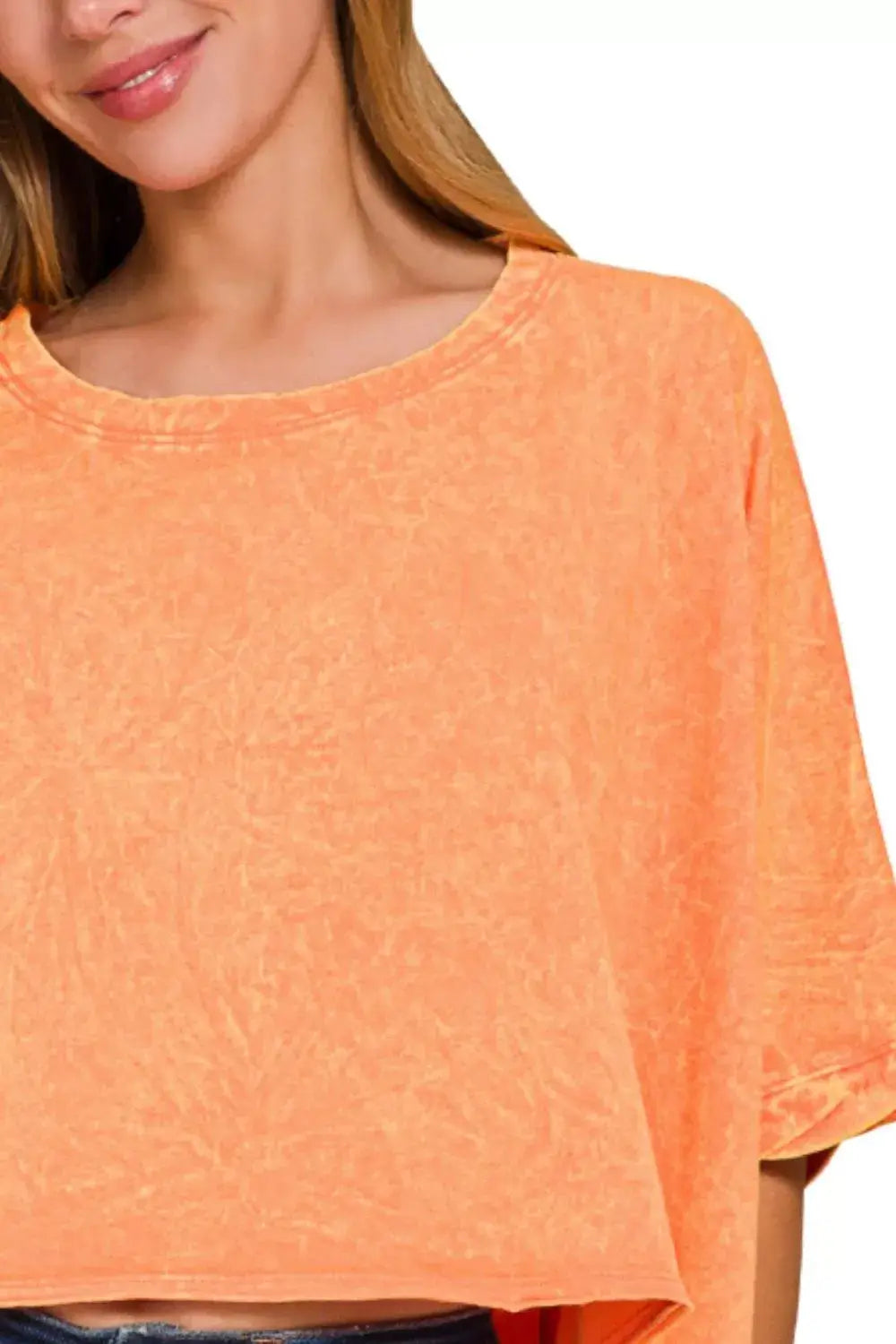 Zenana Premium Cotton Crinkle Wash Oversized Cropped Tee in vibrant orange color showcasing its relaxed fit and texture.