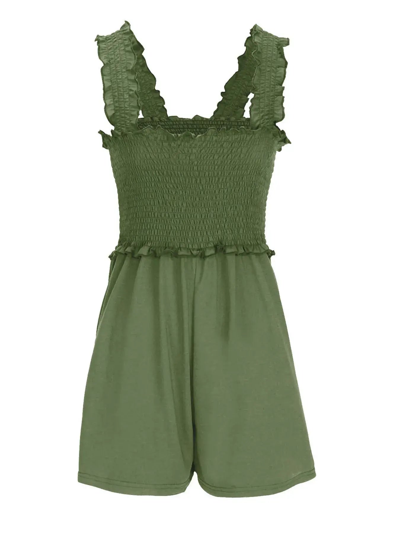Smocked Square Neck Summer Romper in olive green with ruffled edges and pockets for warm weather styles.
