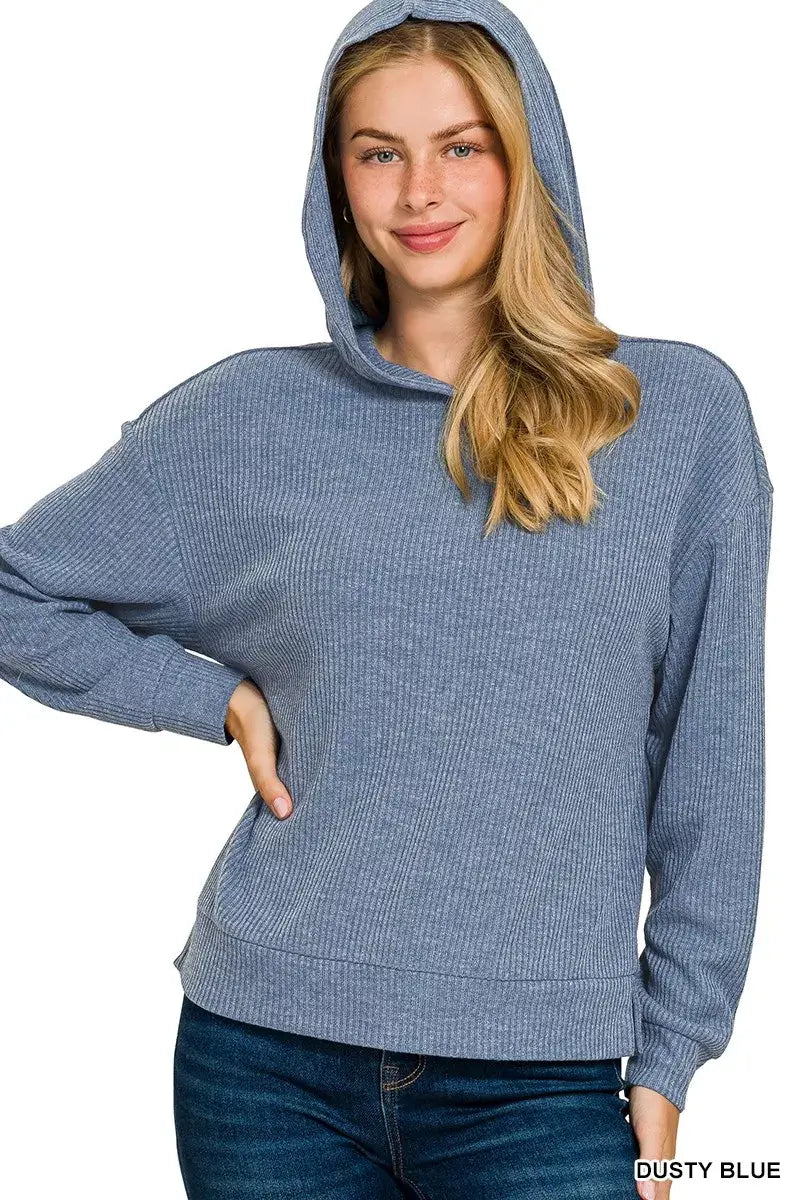 Zenana Ribbed Long Sleeve Hoodie in dusty blue with a relaxed fit and cozy hood.