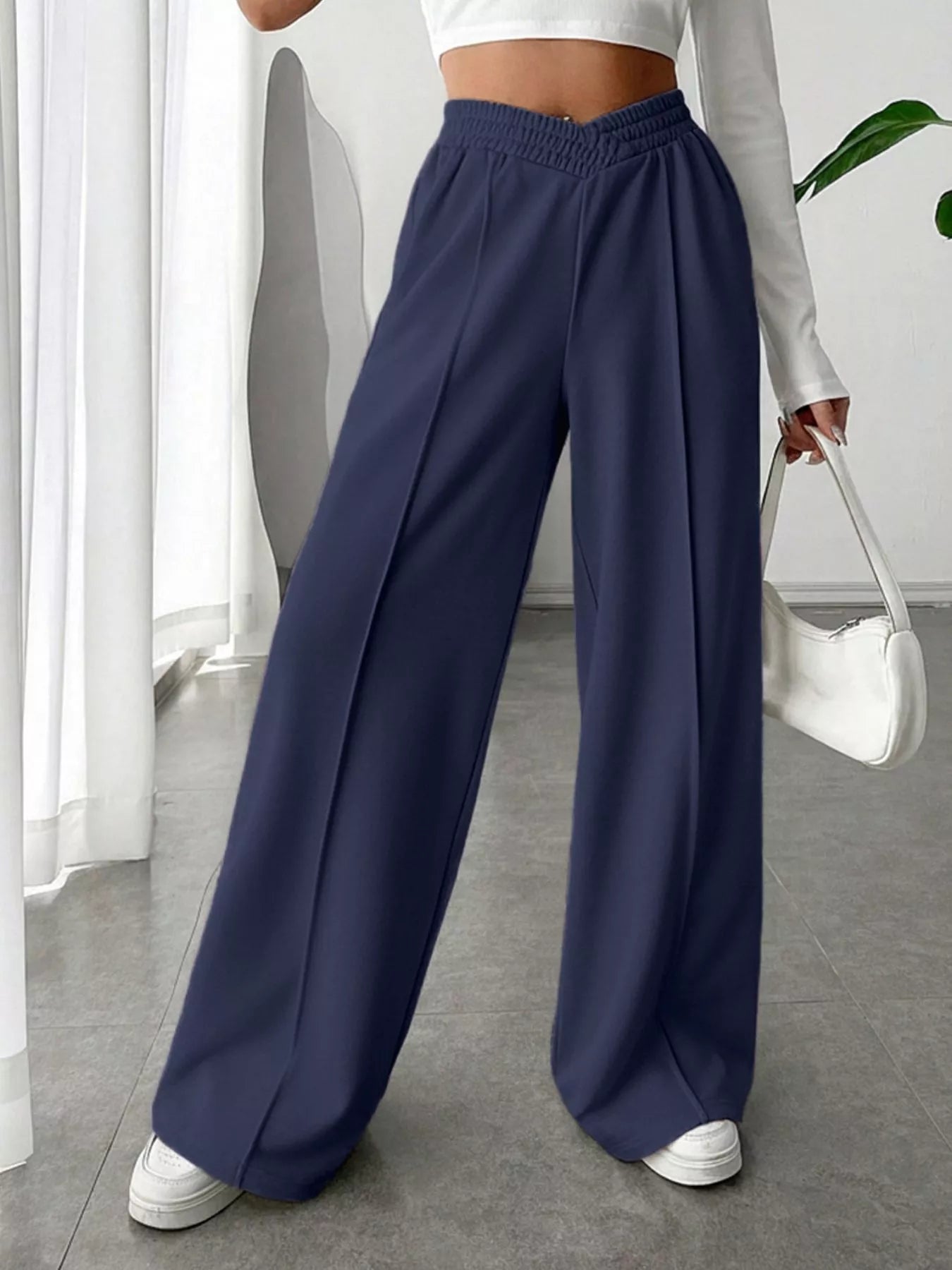 Wide Leg High Waist Pants in navy, featuring a basic style and perfect for elegant everyday style.