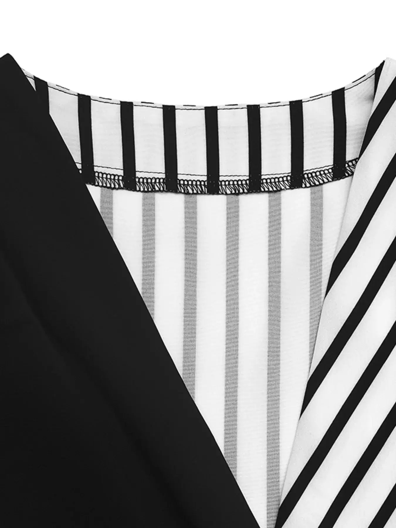 Close-up of the Striped Color Block Surplice Shirt showcasing its unique neckline and bold striped pattern.