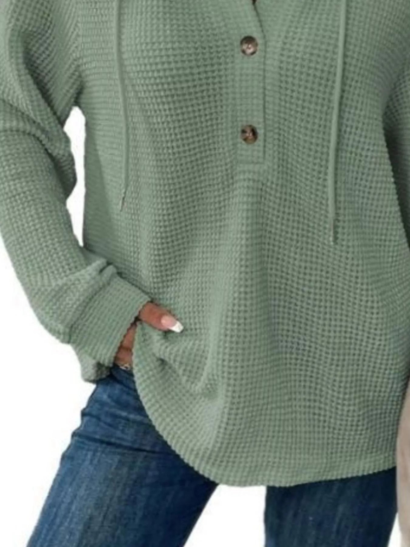 Full Size Button Detail Waffle Knit Hoodie Plus Size in soft green color with button detail and hood.