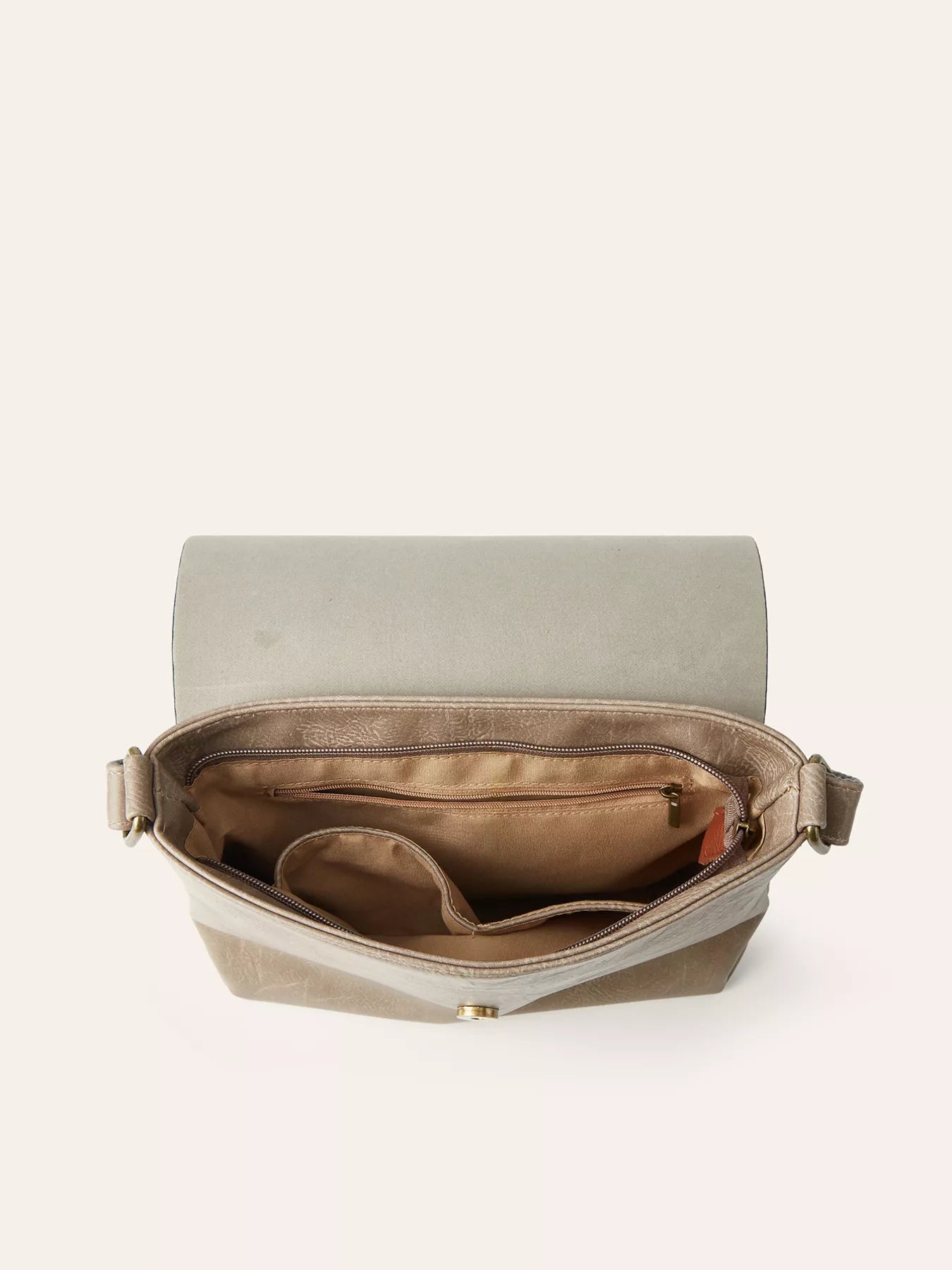 Inside view of the Vintage Buckle Flap Crossbody Bag showing the spacious interior and compartments.