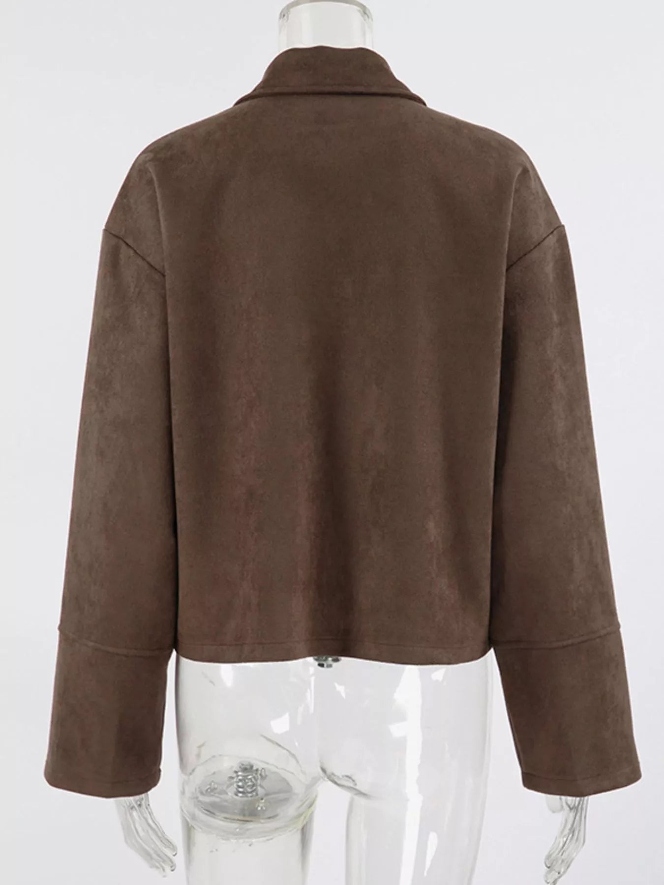 Back view of a Zip-Up Dropped Shoulder Jacket in brown, showcasing relaxed modern outerwear style and drop shoulder design.
