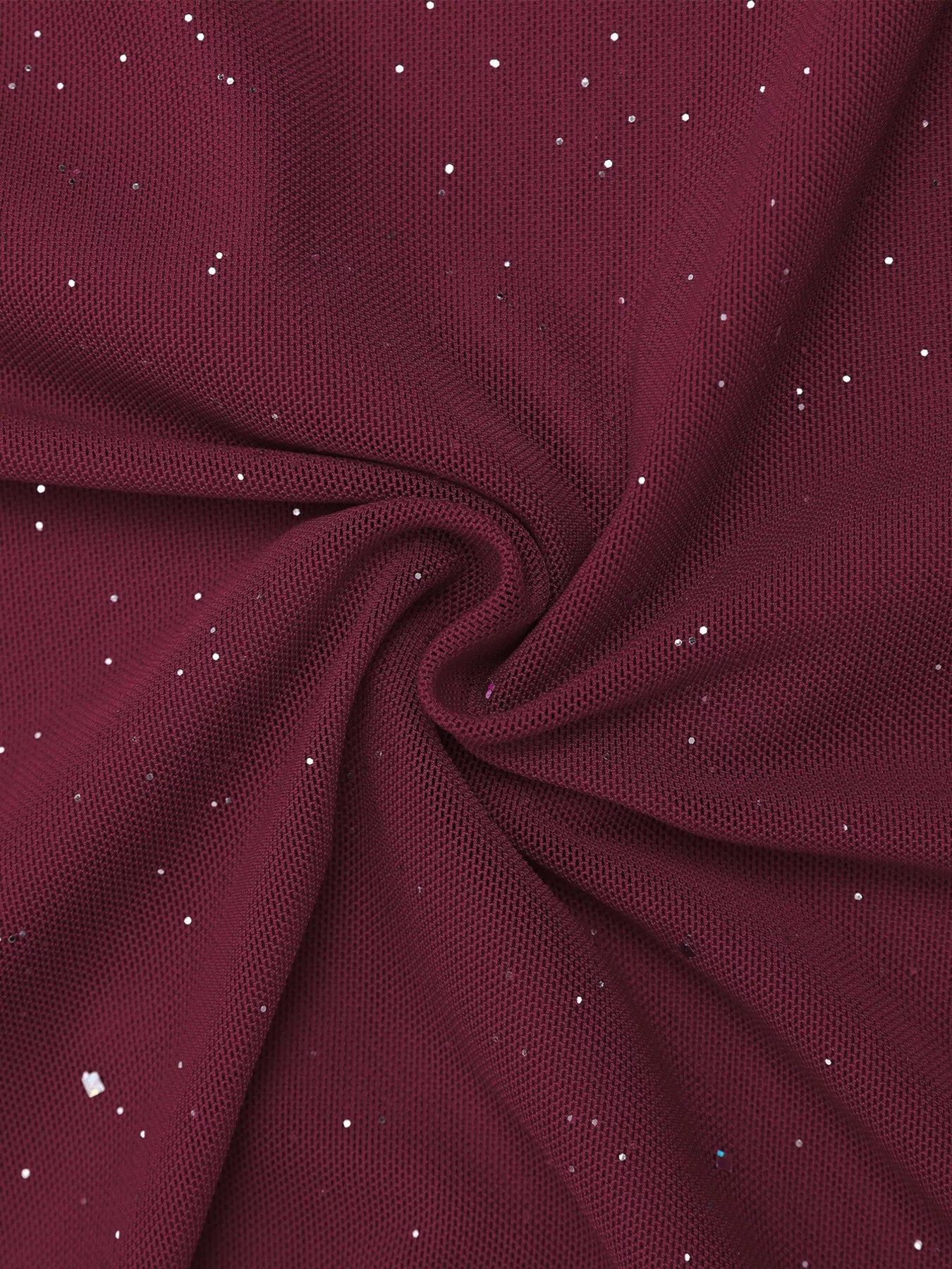 Close-up of burgundy fabric with glitter, showcasing the material of the Glitter Off-Shoulder Maxi Dress.