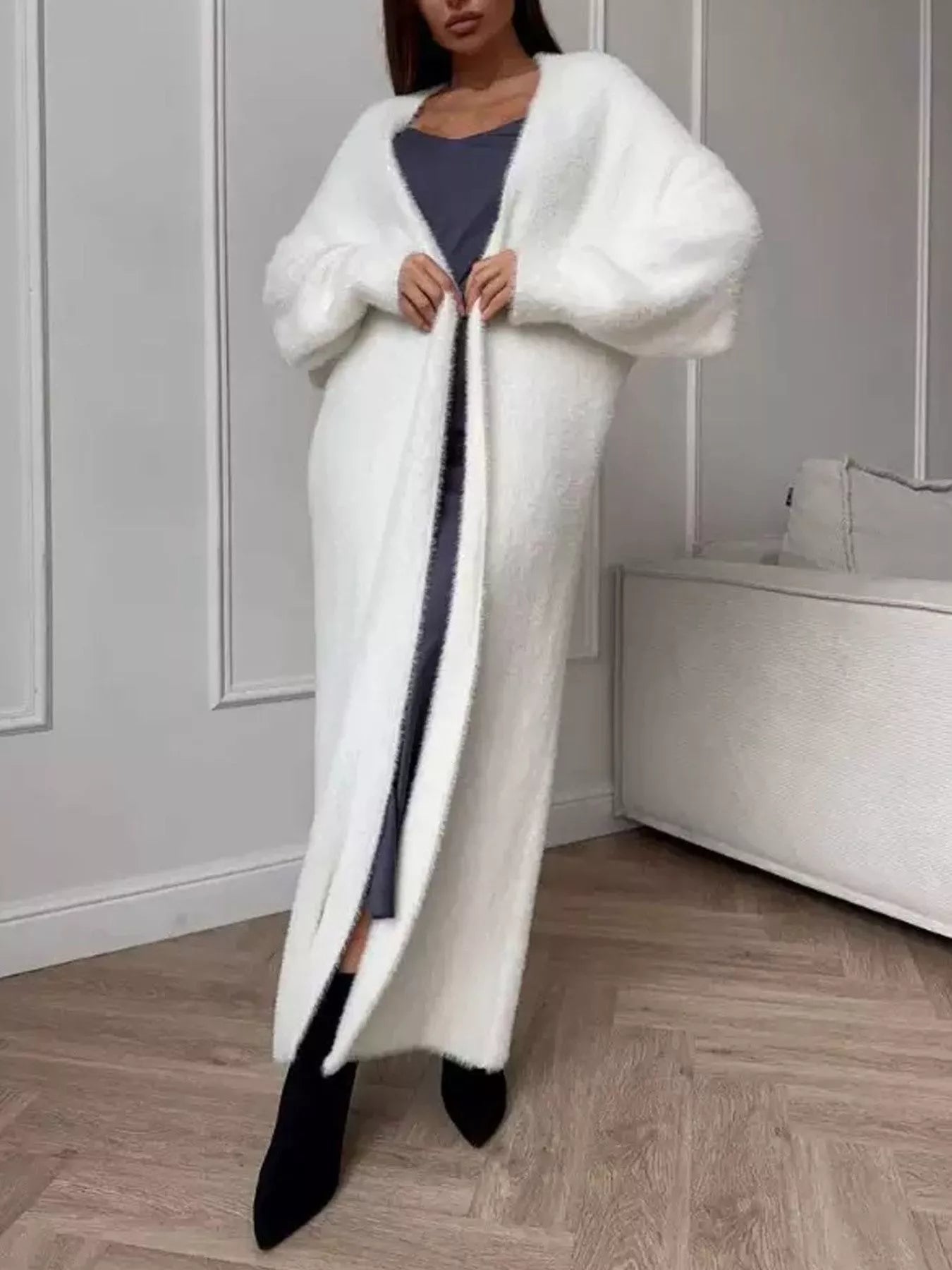 Fuzzy Open Front Longline Cardigan shown on a model, styled with a chic outfit and cozy ambiance.