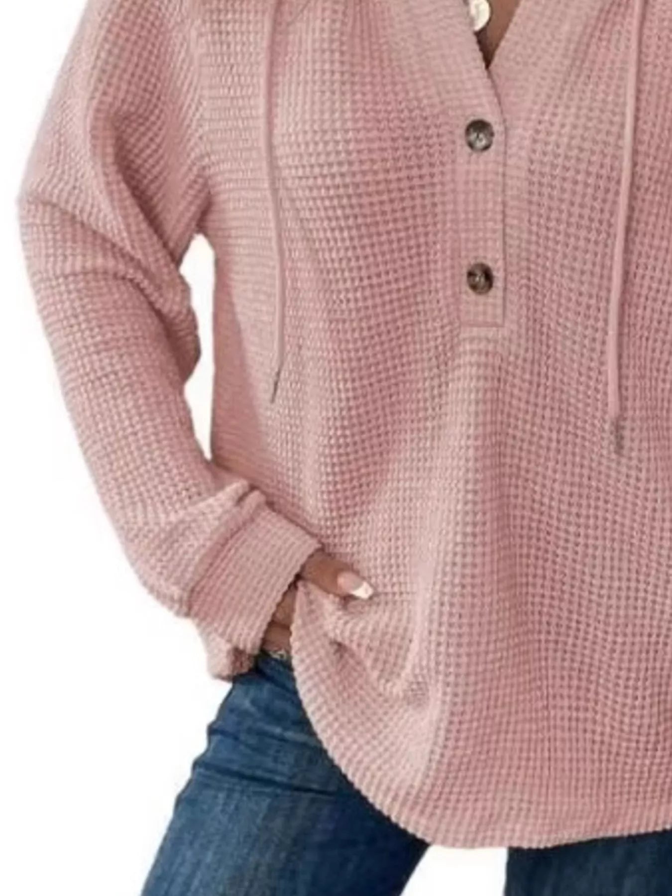 Full Size Button Detail Waffle Knit Hoodie Plus Size in soft pink color, featuring button detail and cozy waffle knit fabric.