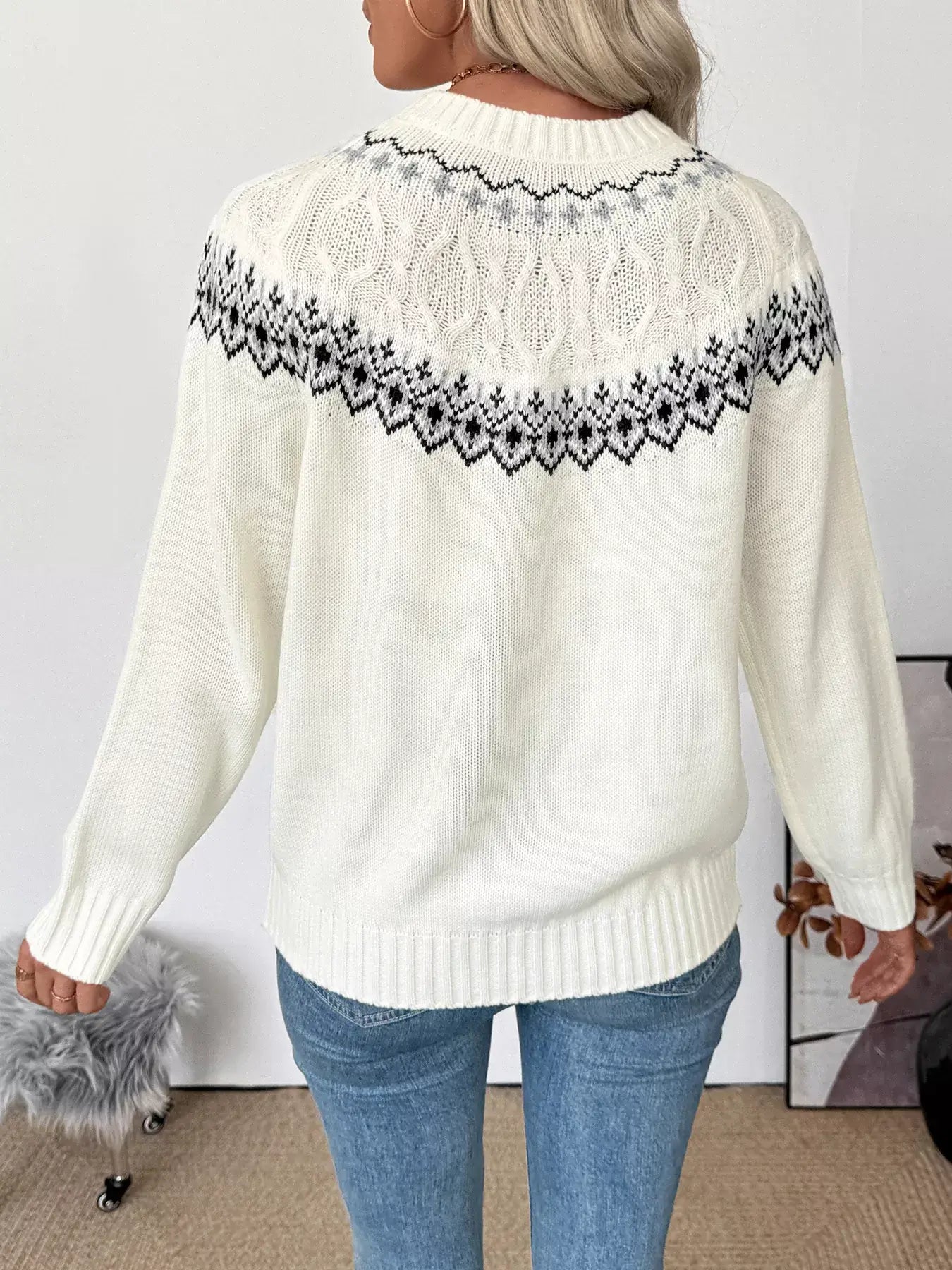 Fair Isle Pattern Crew Neck Sweater in white with black design, perfect for cozy winter style.