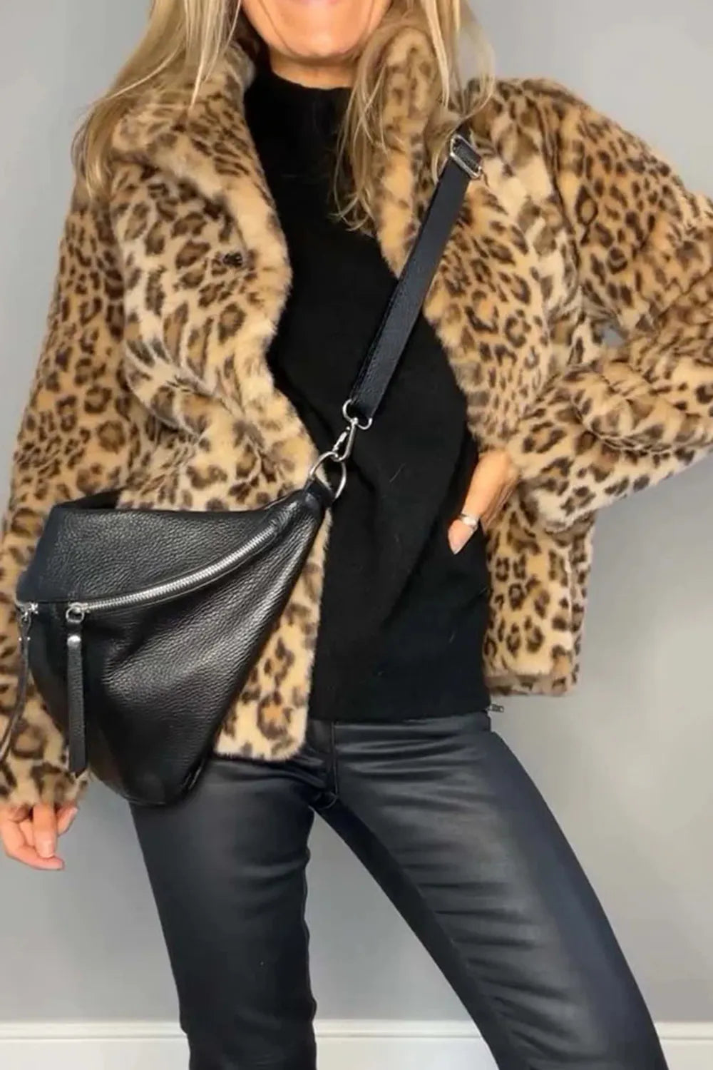 Full Size Leopard Furry Collared Neck Long Sleeve Coat worn with black top and bag, styled for a chic look.
