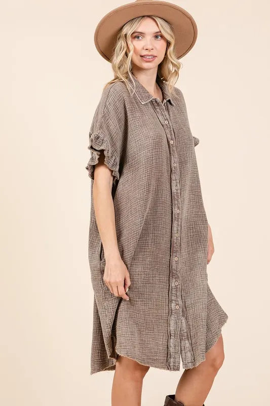 Mineral Wash Cotton Gauze Mini Shirt Dress for Women featuring ruffle sleeves and side pockets.