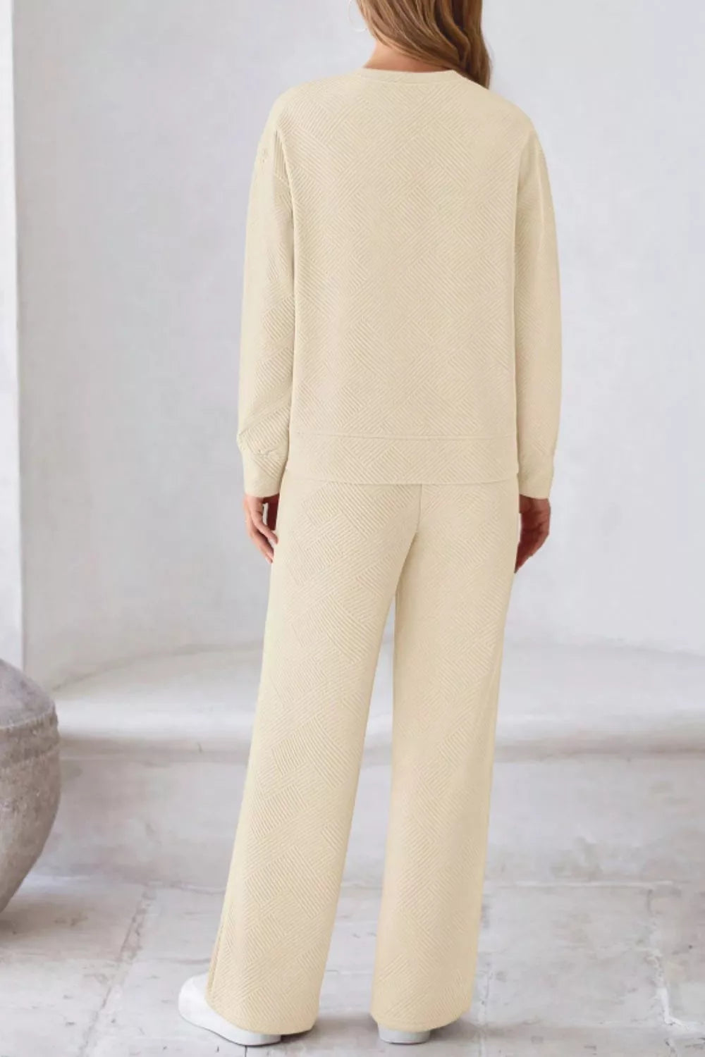 Round Neck Long Sleeve Top and Pants Set in cream color, featuring a cozy style with a matching top and pants.