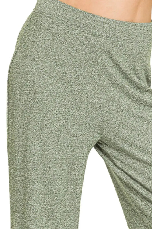 Close-up of Zenana Soft Elastic Waisted Flare Pants showcasing soft fabric and elastic waistband for trendy comfort.