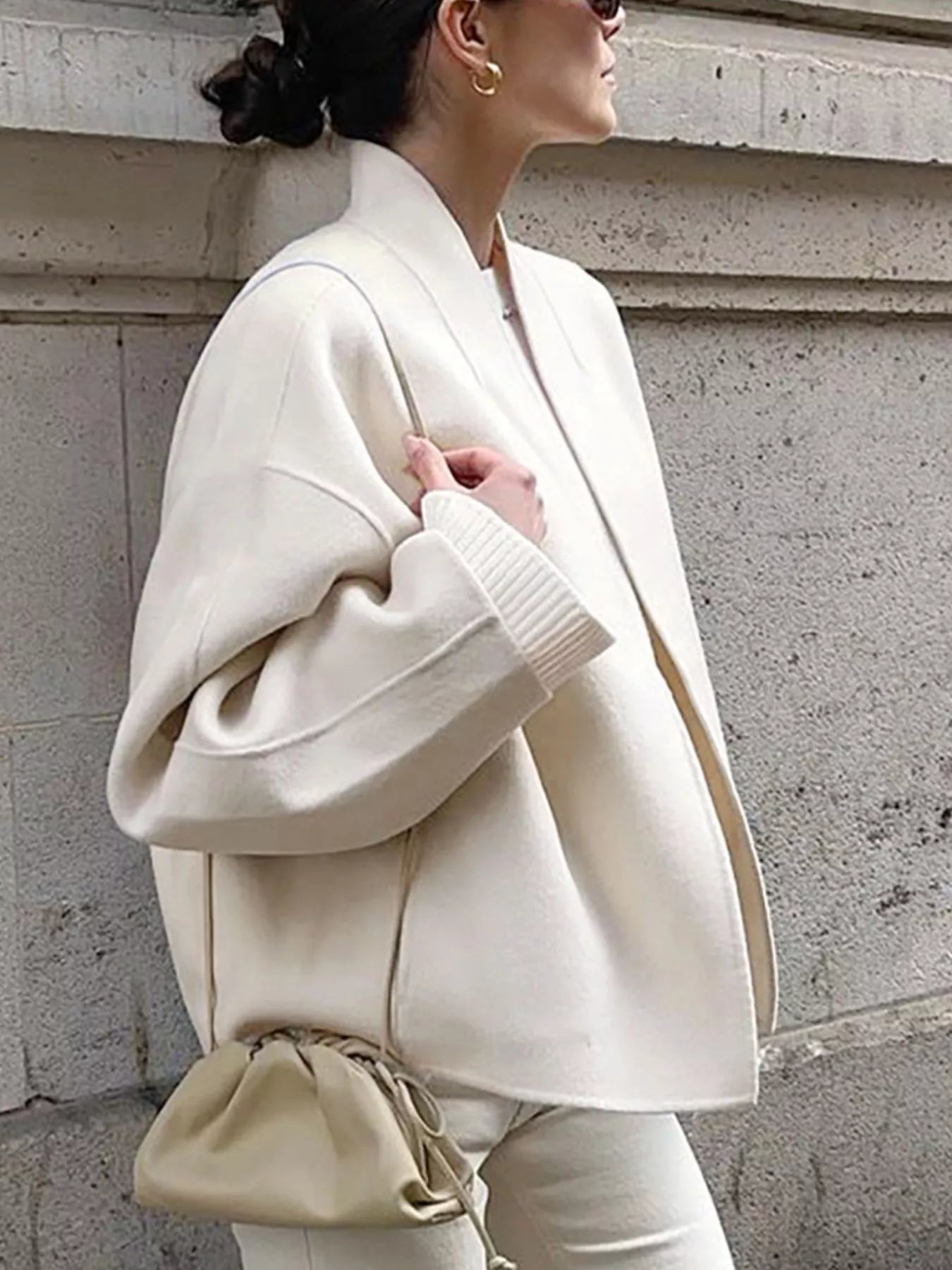 Open Front Dropped Shoulder Outerwear for Women in cream, styled with a matching bag.