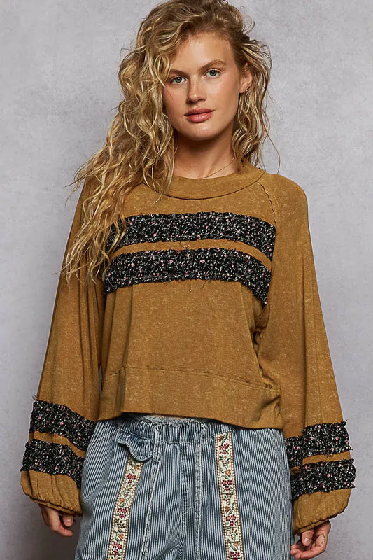 POL Print Patch Round Neck Balloon Sleeve Cropped Top – Trendy & Chic model wearing a stylish mustard top with textured patches.