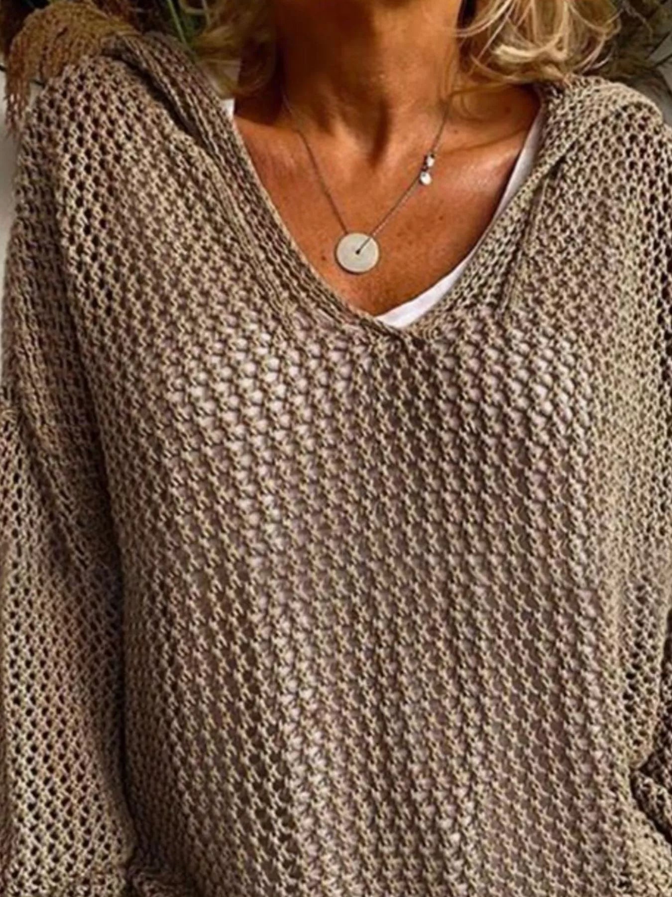 Crochet Hooded Knit Cover Up in light brown with a textured pattern and a hood, styled for warm layered looks.