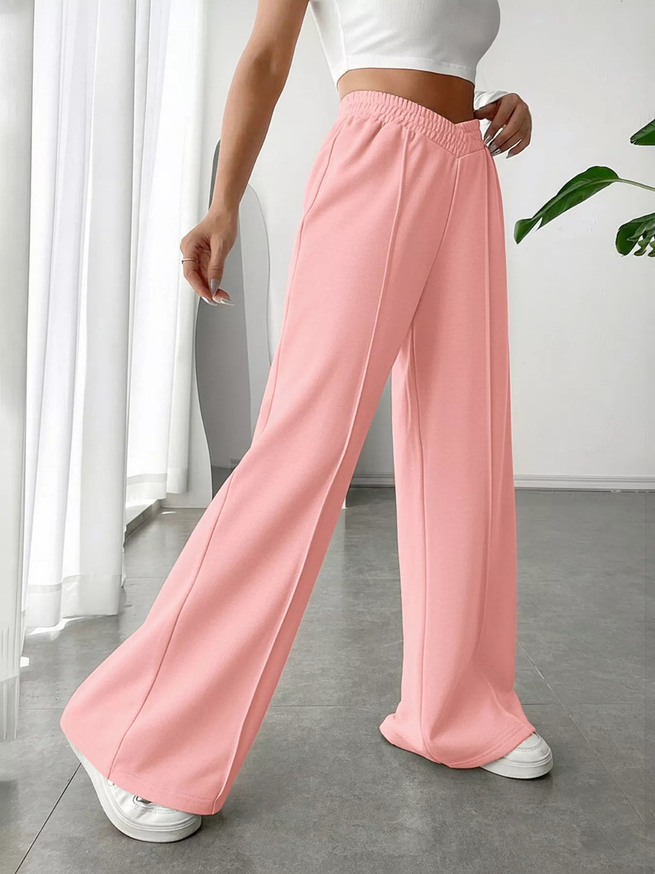 Wide Leg High Waist Pants in soft pink color, featuring a relaxed fit and basic style, perfect for everyday elegance.