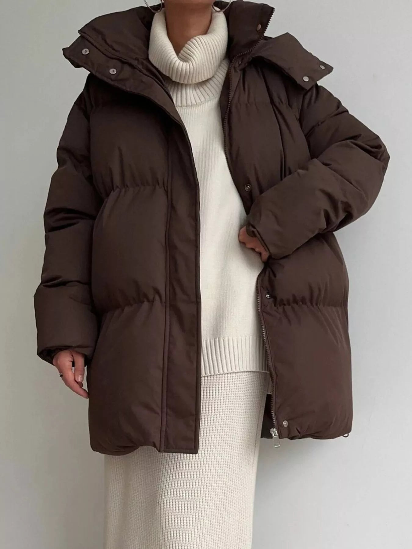 Mid Length Hooded Winter Coat Belted Warm Women Jacket in brown, featuring a stylish hood and button details.