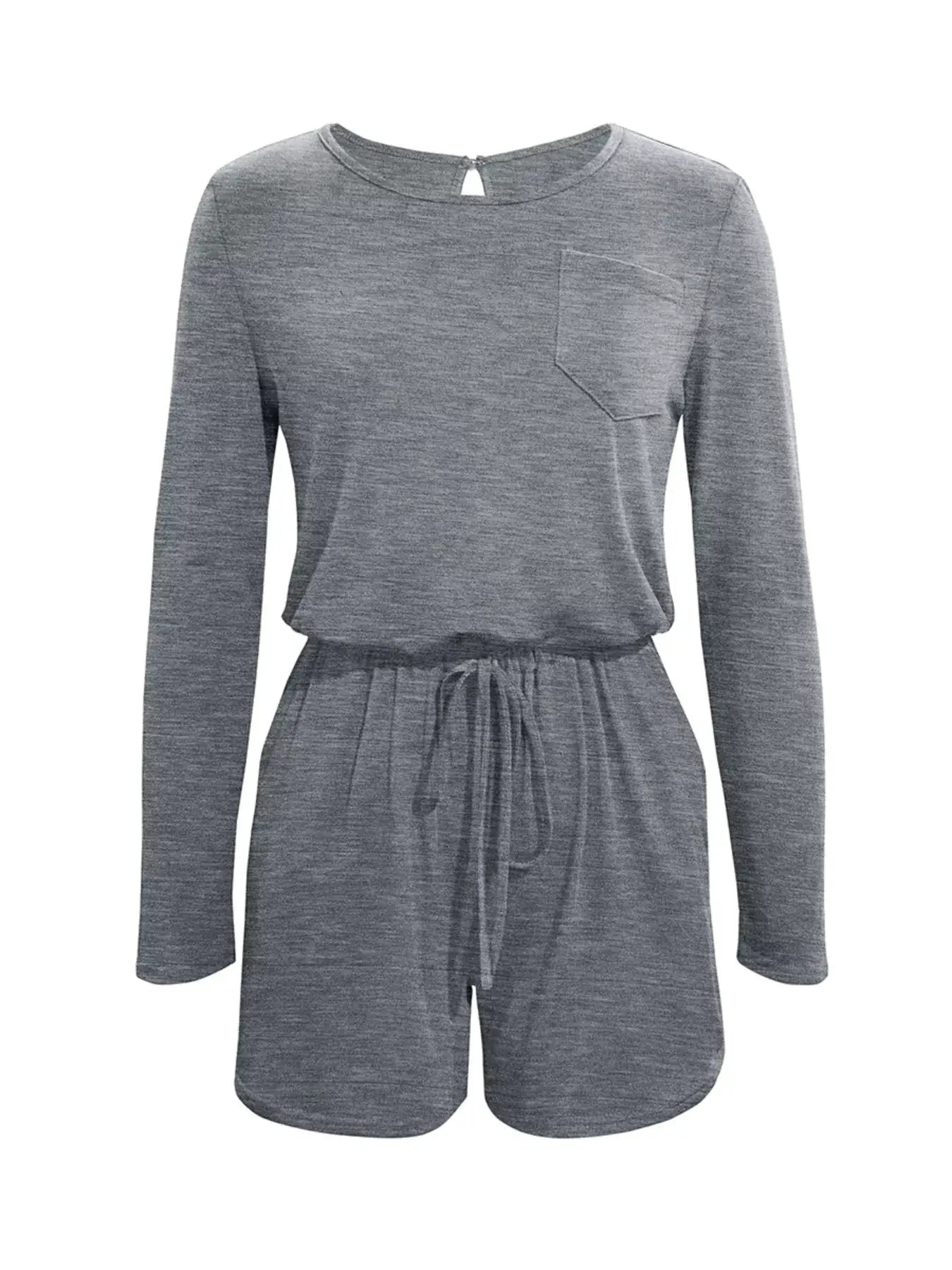 Long Sleeve Drawstring Romper in gray with long sleeves and adjustable drawstring waist.