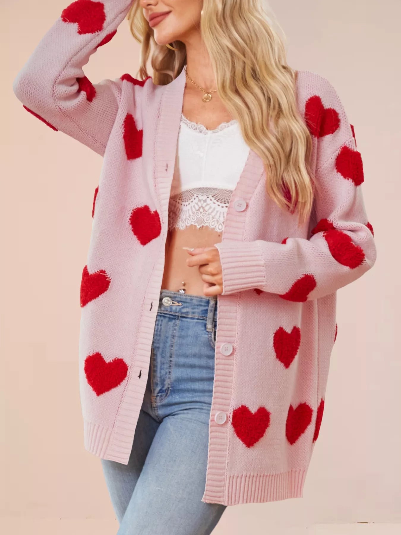 Heart Pattern Knit Button Up Cardigan for Women, ribbed, slightly stretchy, 100% acrylic material with heart design in red.
