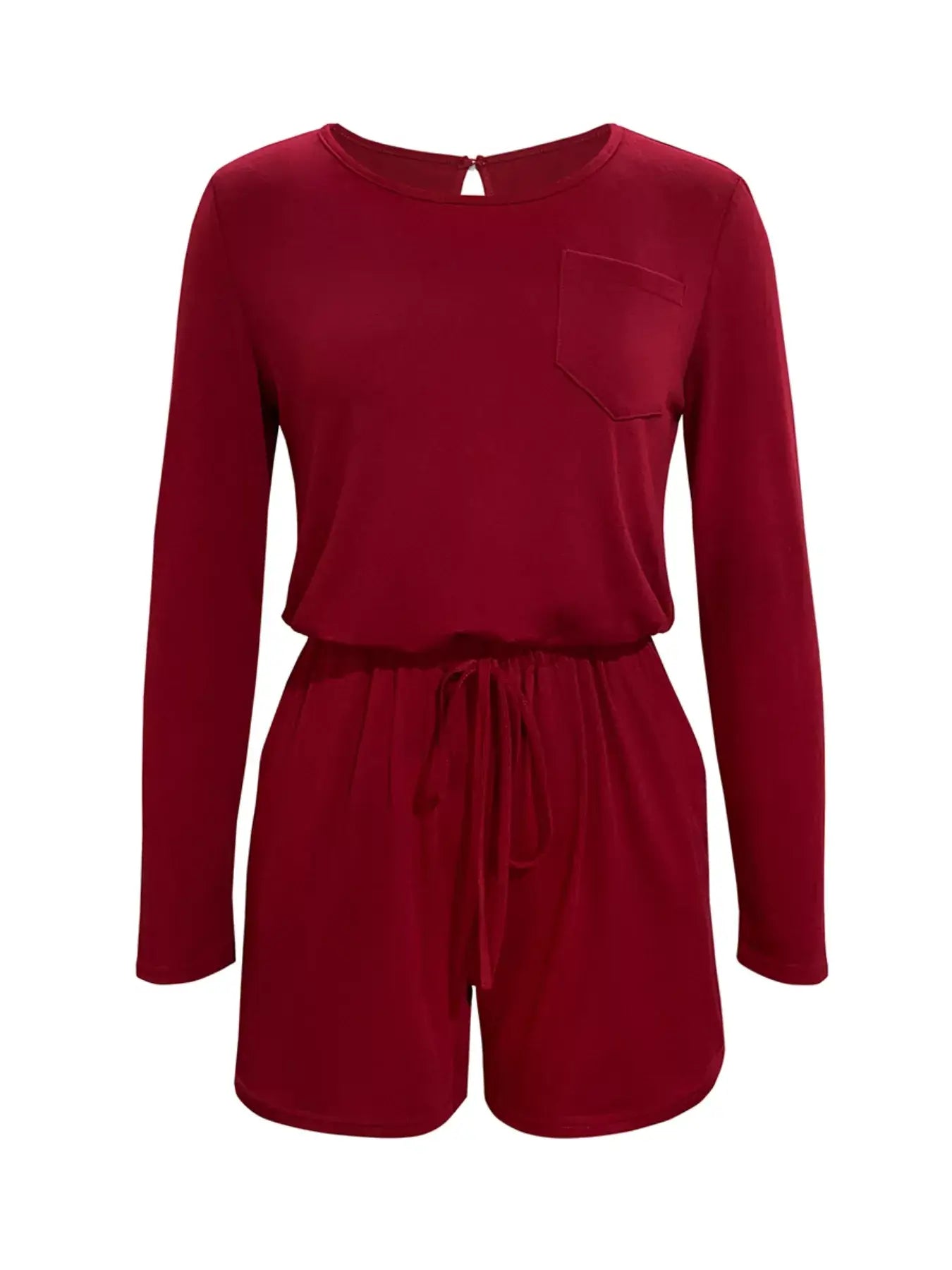 Long Sleeve Drawstring Romper in red with long sleeves and a drawstring waist for a customizable fit.