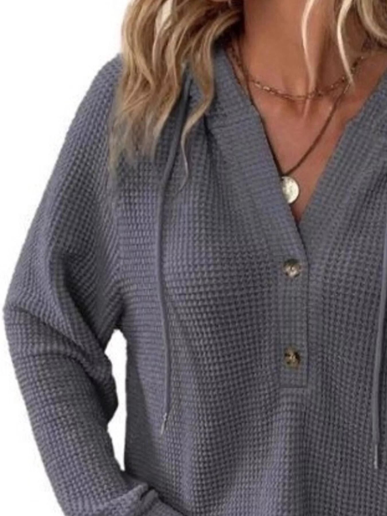 Full Size Button Detail Waffle Knit Hoodie Plus Size in gray with button detail and hood for comfort.