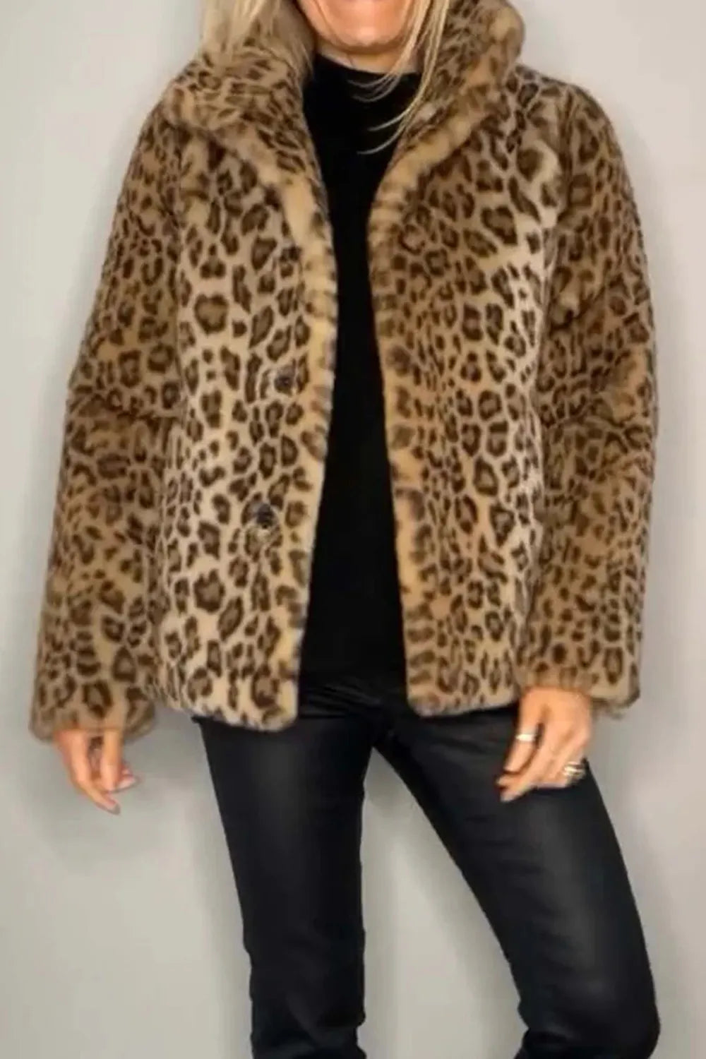 Full Size Leopard Furry Collared Neck Long Sleeve Coat worn by a model.