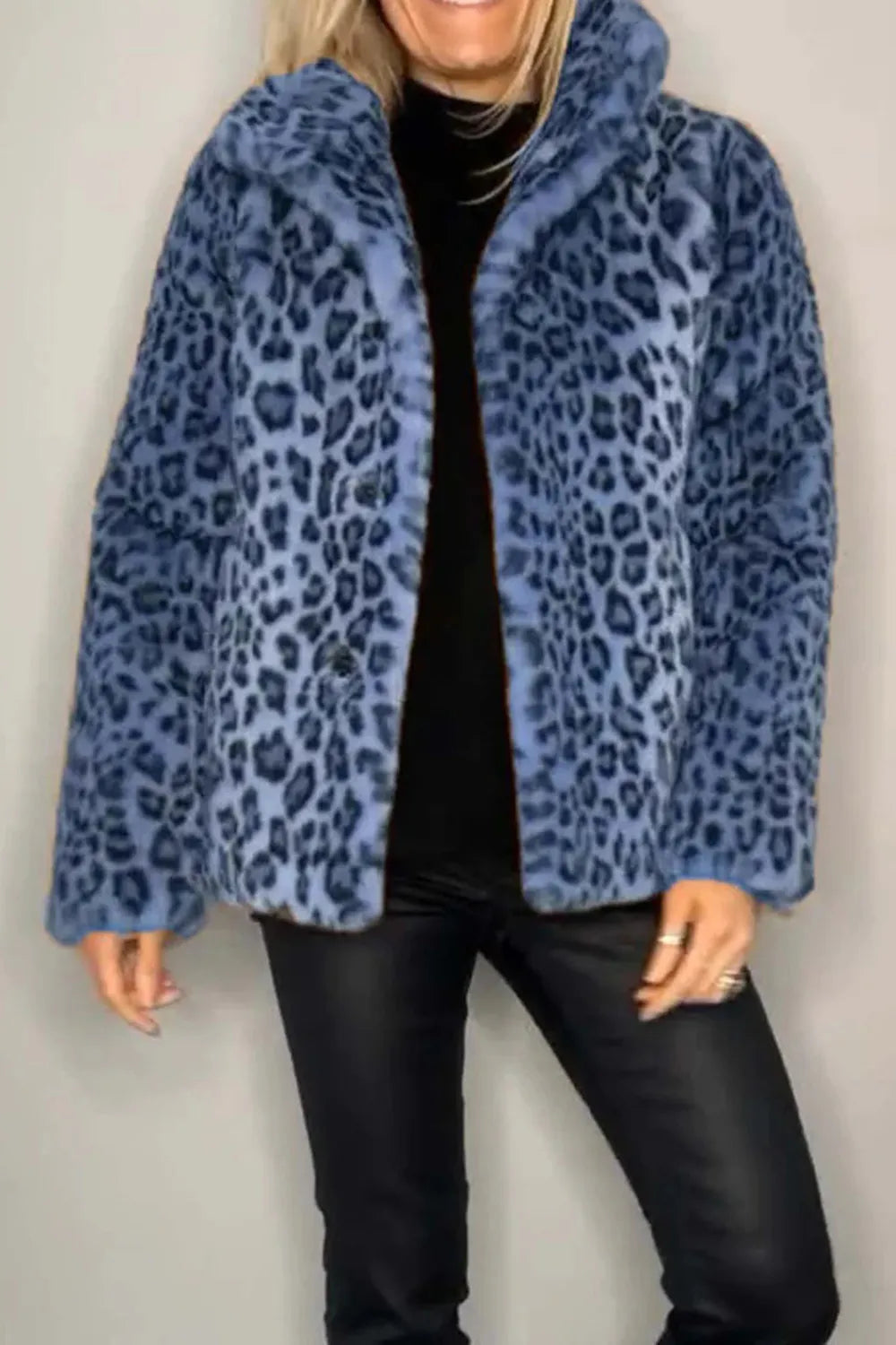 Full Size Leopard Furry Collared Neck Long Sleeve Coat in blue leopard print, featuring a plush material and long sleeves.