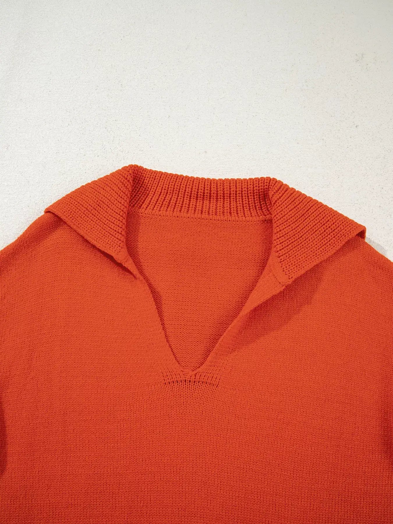 Collared V Neck Ribbed Edge Sweater – Classic Knit Style in vibrant orange with ribbed edges and a flattering neckline.