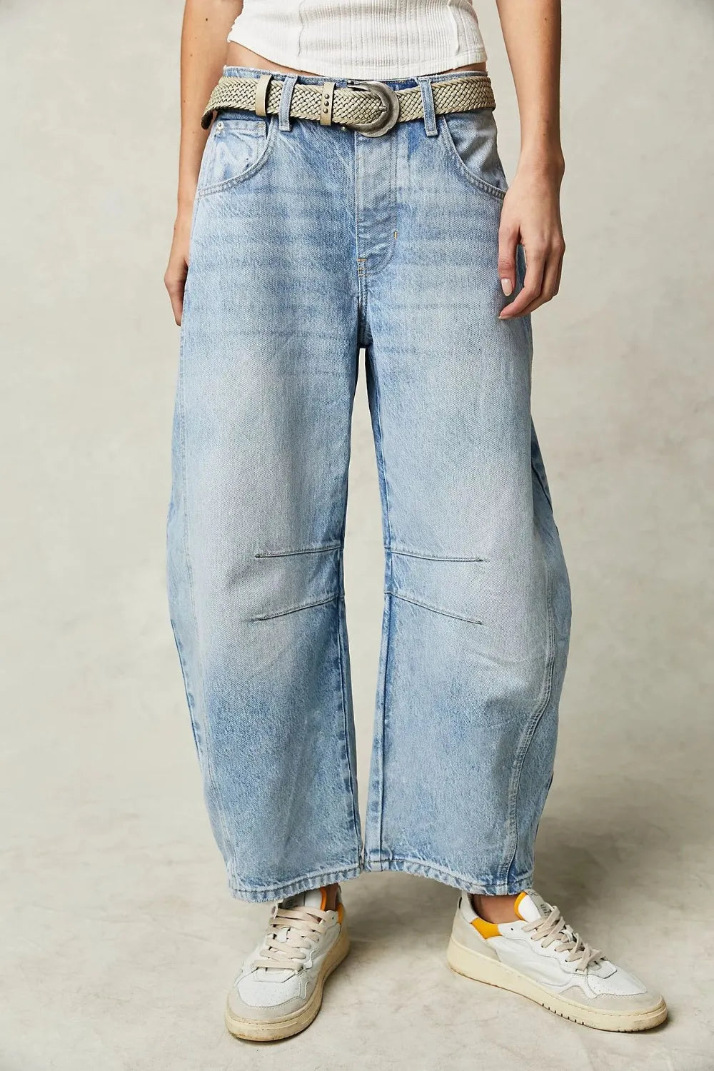 Wide Leg Jeans with Pockets styled with a belt, perfect for everyday casual wear.