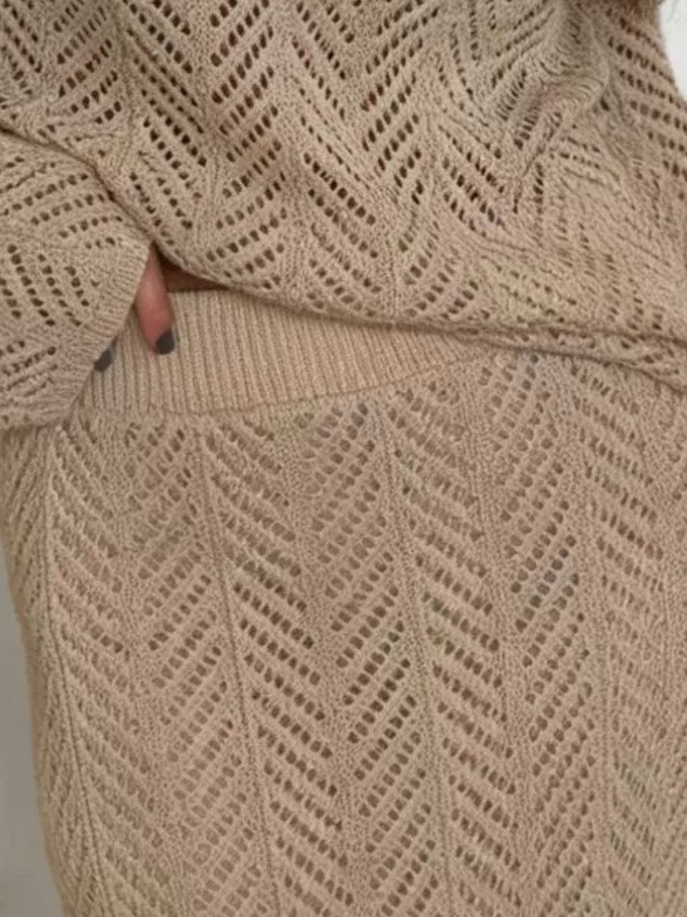 Openwork Long Sleeve Knit Top and Skirt Set featuring a stylish woven pattern in a soft beige color.
