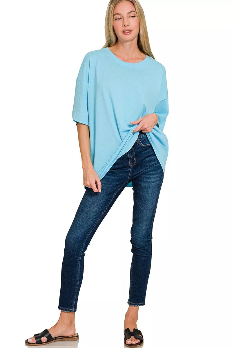 Zenana Cotton Short Sleeve Oversized Tunic Tee for Women in blue, styled with jeans and sandals, showcasing casual comfort.