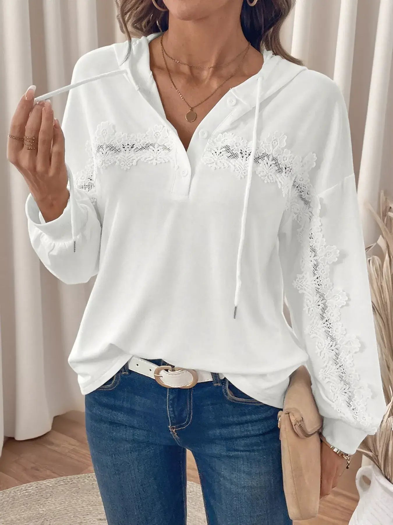 Lace Detail Long Sleeve Drawstring Hoodie in white with lace accents, perfect for casual chic comfort.