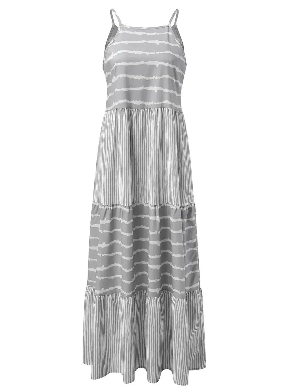 Tiered Striped Sleeveless Cami Dress – Casual summer style with a gray striped pattern and tiered design.