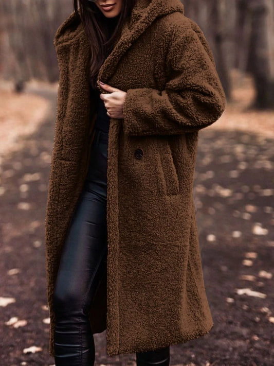 Teddy Bear Hooded Longline Outerwear in brown, featuring a cozy design with pockets, perfect for everyday style.