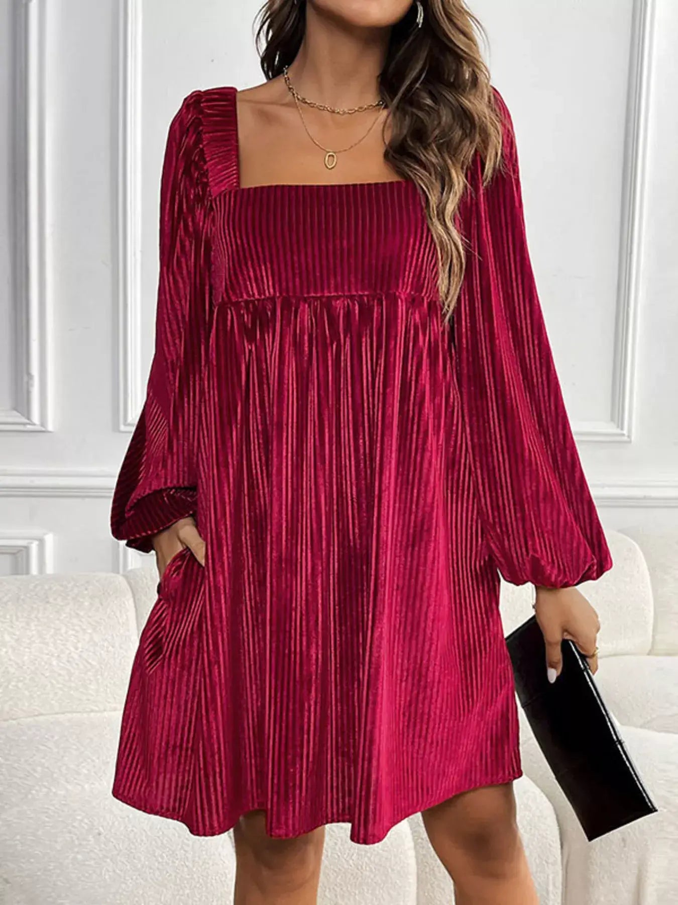 Velvet Square Neck Long Sleeve Dress in rich burgundy, perfect for elegant evening style and special occasions.
