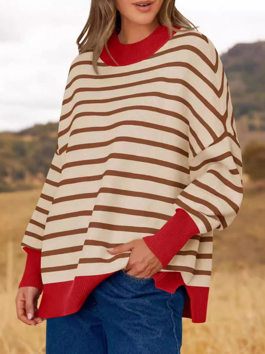 Striped Round Neck Long Sleeve Sweater for everyday style, featuring oversized fit and slightly stretchy material.