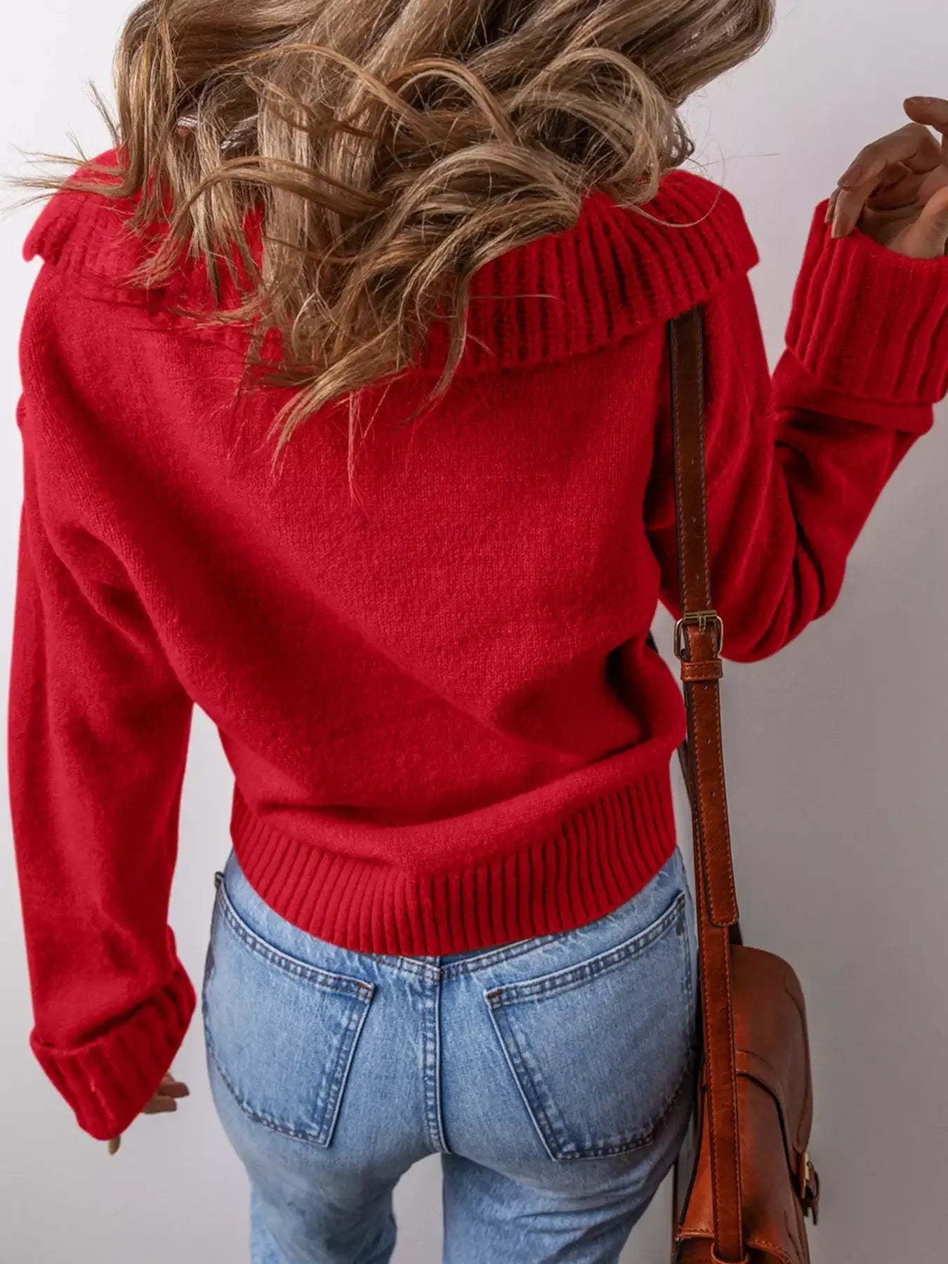 Collared v neck ribbed edge sweater in red, showcasing a stylish back view with ribbed detailing.