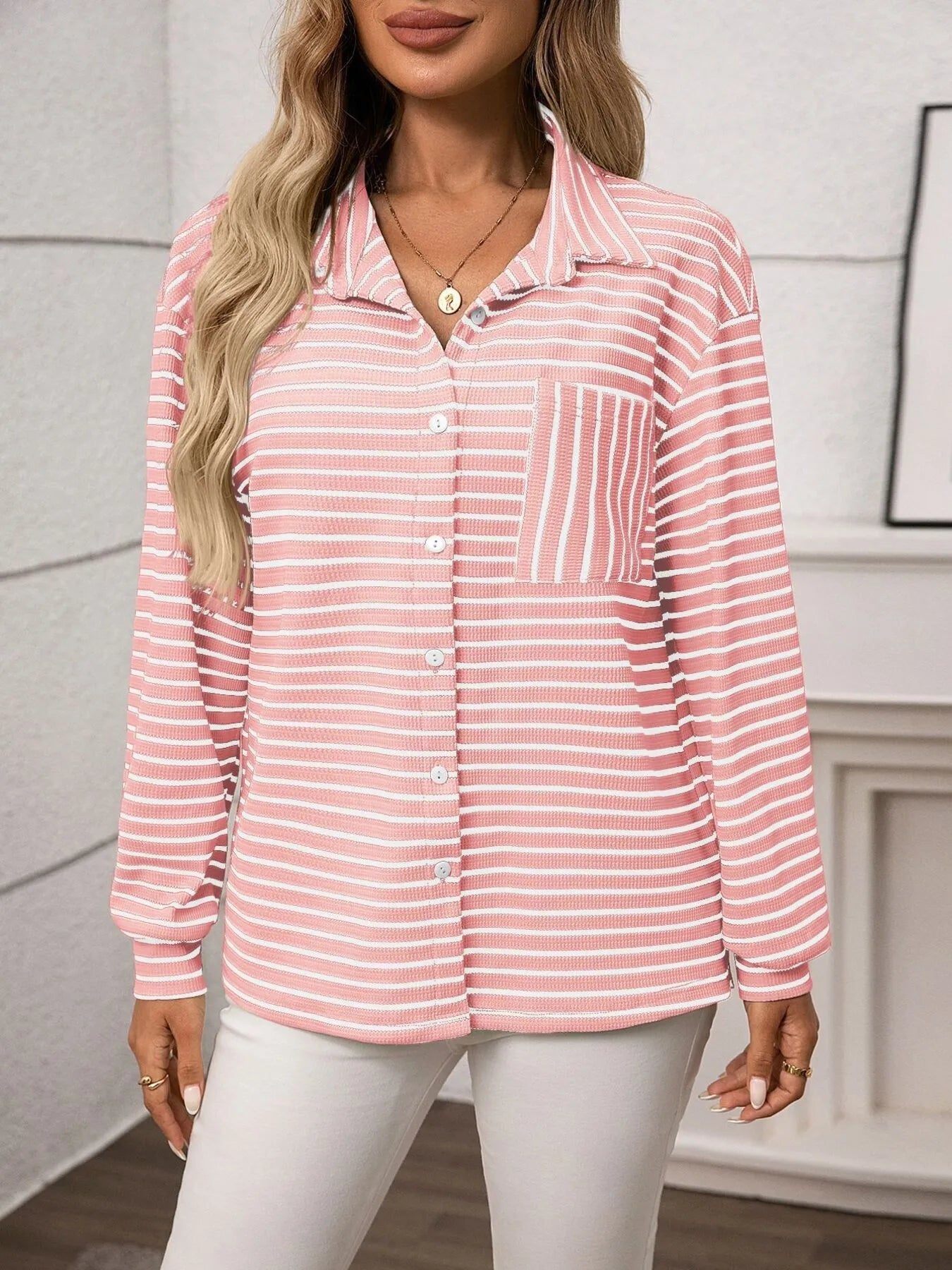 Striped Button Up Long Sleeve Shirt in pink stripes, featuring a front pocket and button closure, perfect for everyday wear.