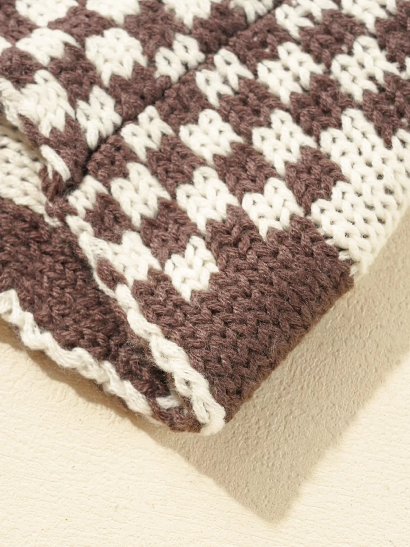 Checkerboard Pattern Sweater Cardigan close-up showing cozy knit texture and design details.