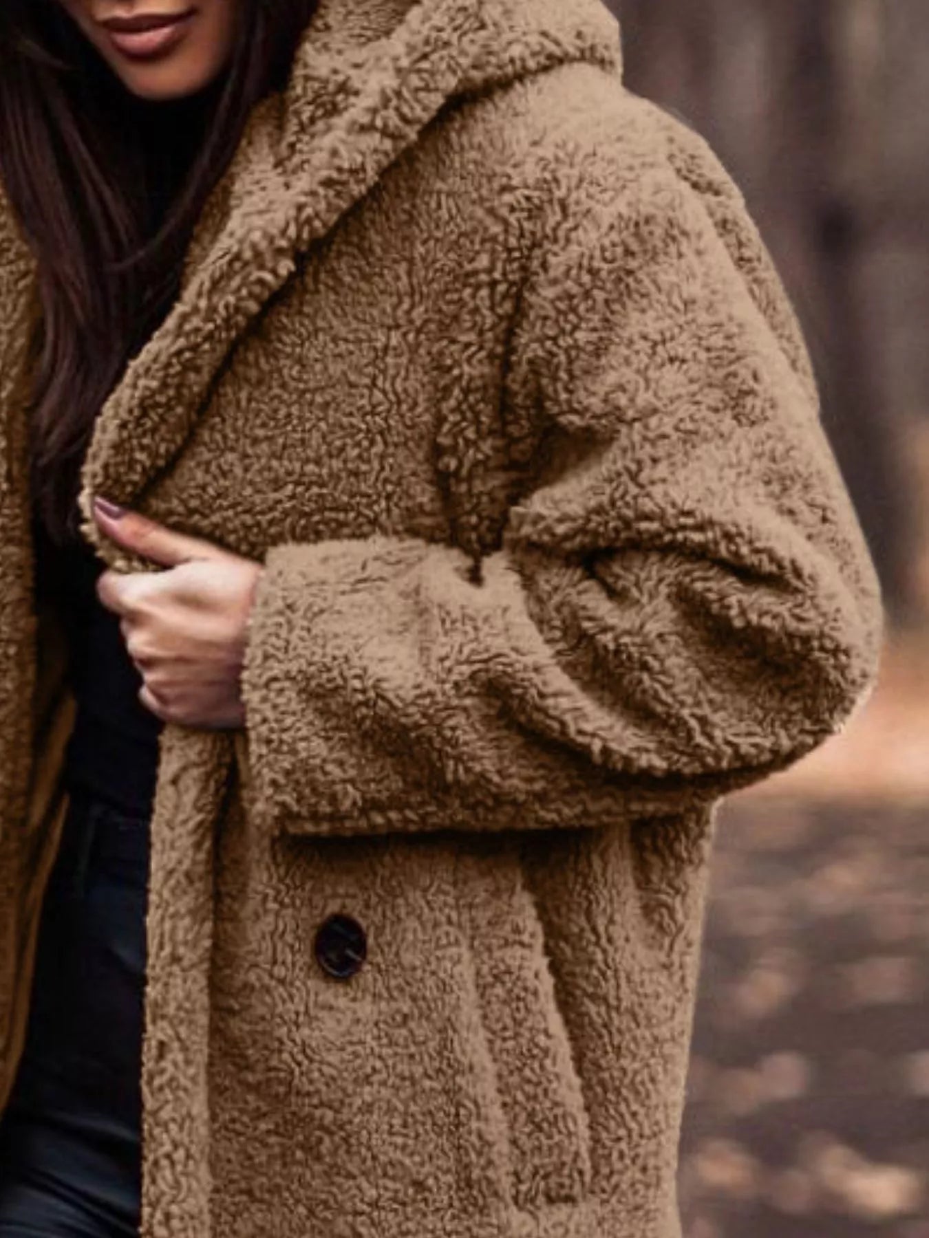 Teddy Bear Hooded Longline Outerwear in a cozy brown color, featuring buttoned detail and pockets, ideal for everyday style.