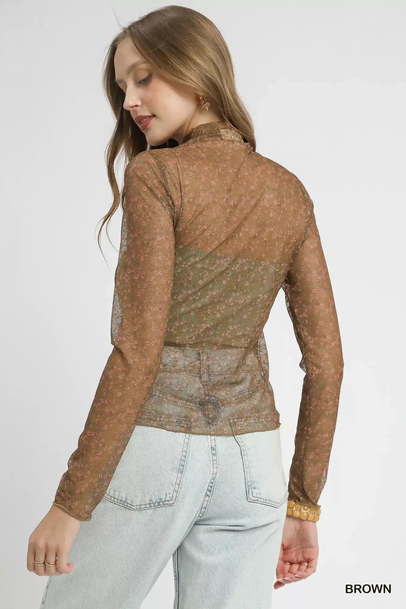 Umgee nylon lace mesh long sleeve top in brown, featuring sheer floral details and a chic, elegant design.