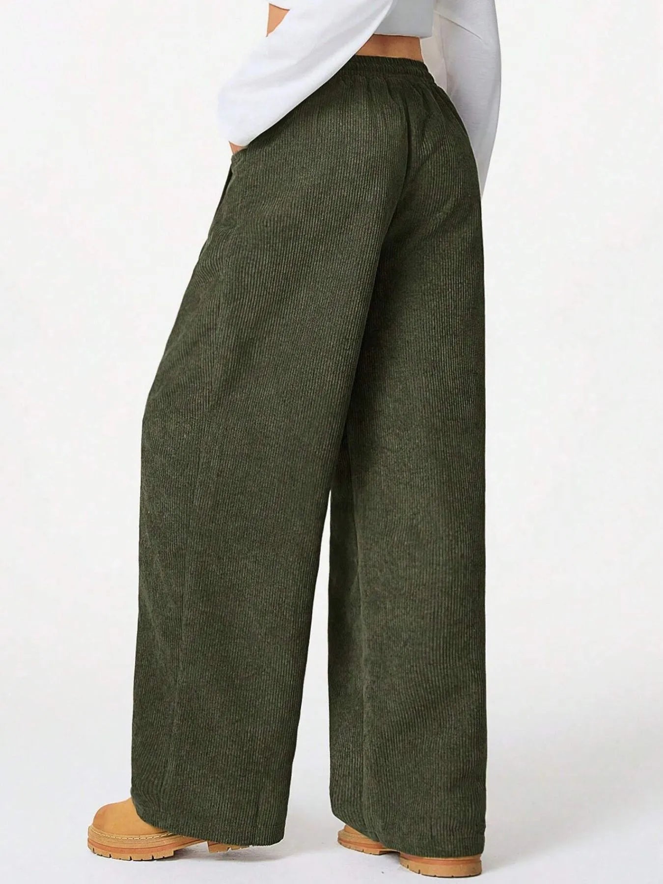 Drawstring Wide Leg Pants in olive green with side pockets, perfect for relaxed everyday comfort.
