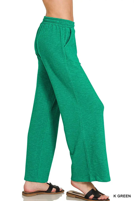 Zenana Cotton Slub Wide Leg Pants in vibrant green, showcasing a relaxed fit and modern style.