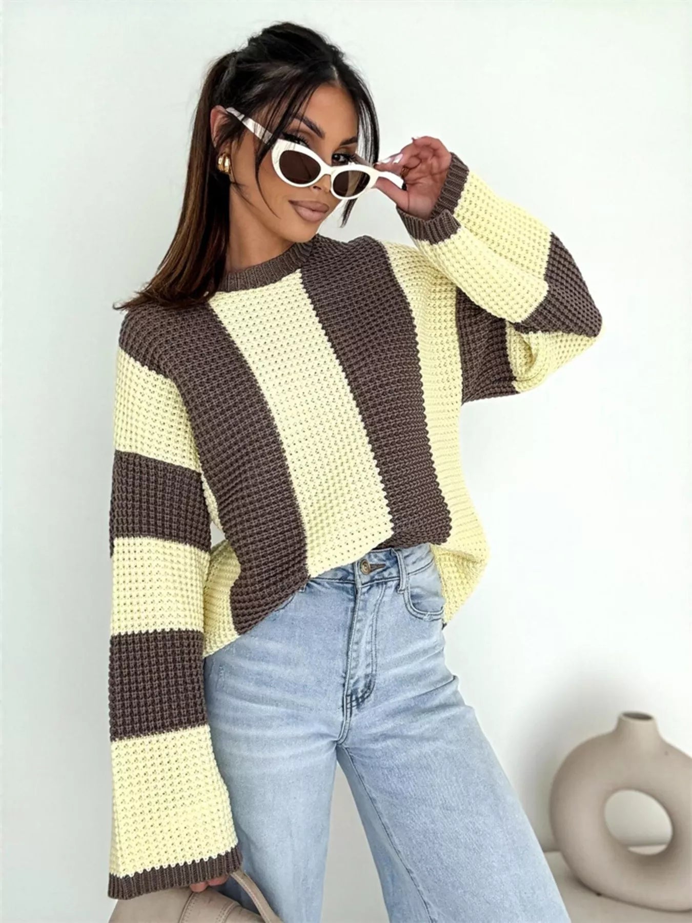 Color Block Long Sleeve Sweater featuring oversized cozy knit style in yellow and brown.
