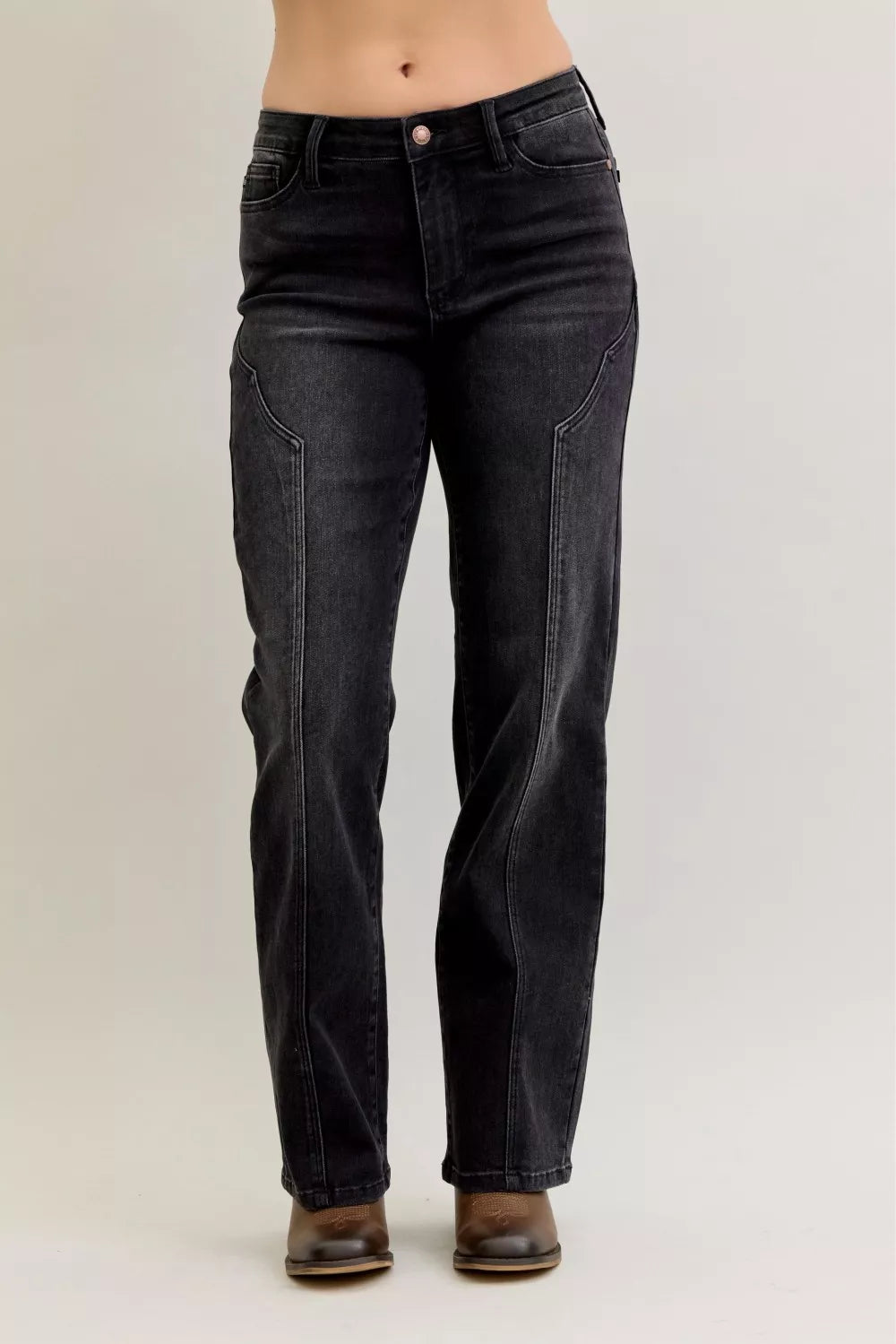 Judy Blue Mid Rise Straight Western Seam Jeans showcasing mid-rise waist and straight-leg cut with western seam detailing.