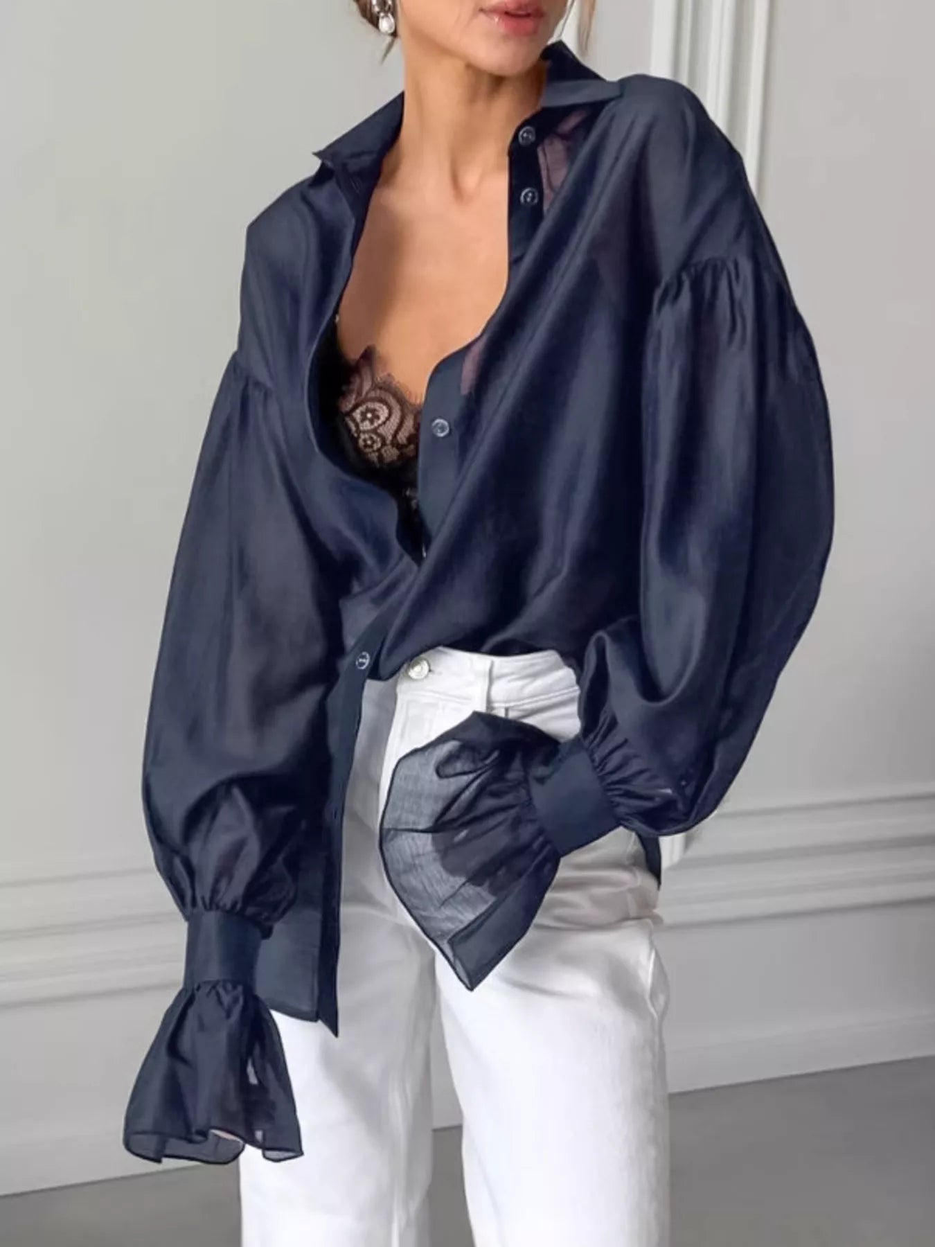 Button Up Flounce Sleeve Shirt with elegant sheer sleeves and a stylish design, perfect for everyday fashion.