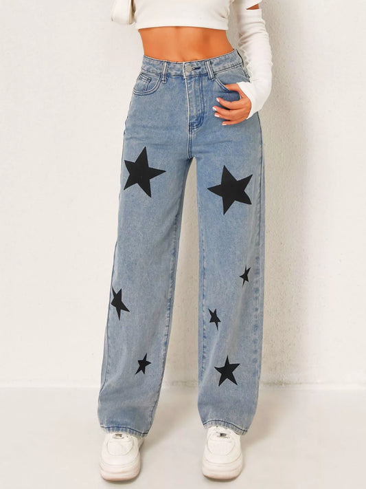 Star High Waist Wide Leg Jeans featuring black star patterns for a stylish, trendy look.