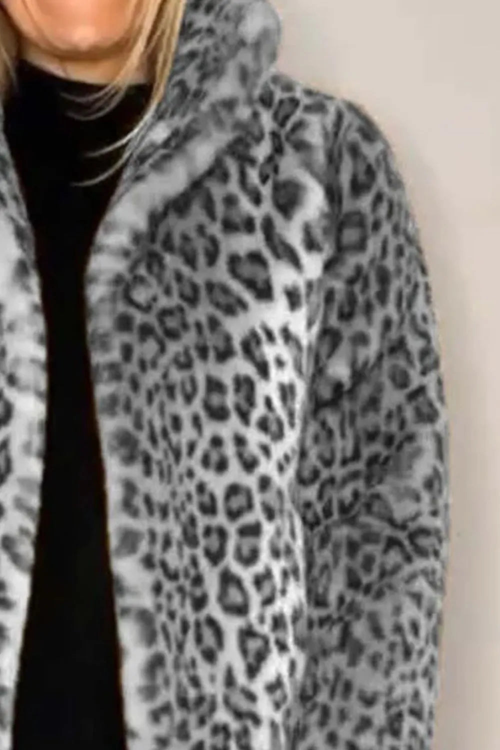 Full Size Leopard Furry Collared Neck Long Sleeve Coat featuring a stylish leopard print design.