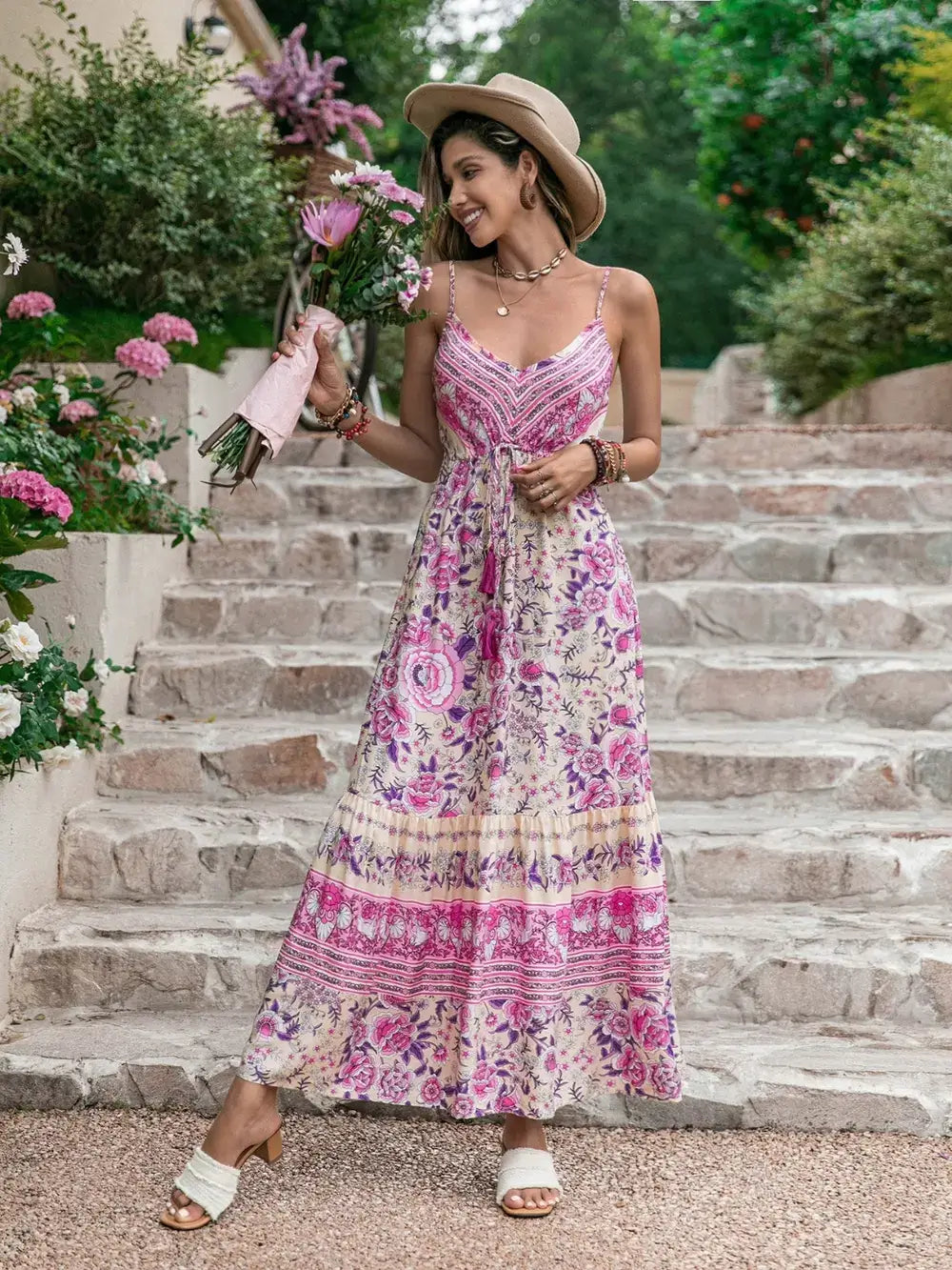 Tassel Printed V-Neck Maxi Dress on woman in floral pattern, perfect for summer outings and casual gatherings.