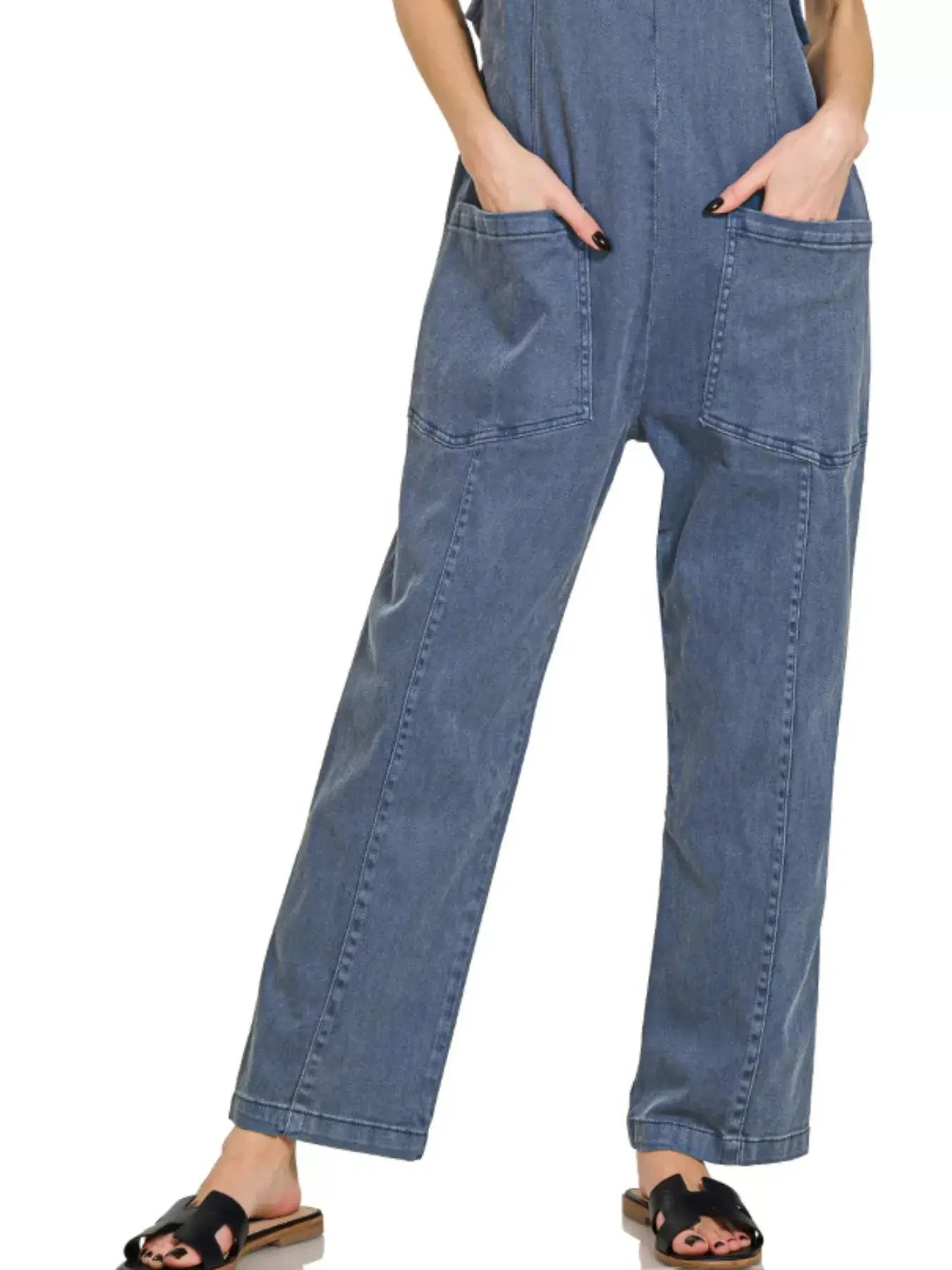 Zenana Casual Adjustable Strap Baggy Jumpsuit shown in denim with functional pockets and relaxed fit.